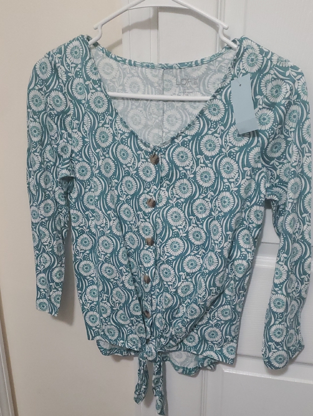 LOFT Outlet Xsp Teal and White Floral Tie-Front Button-Up Blouse